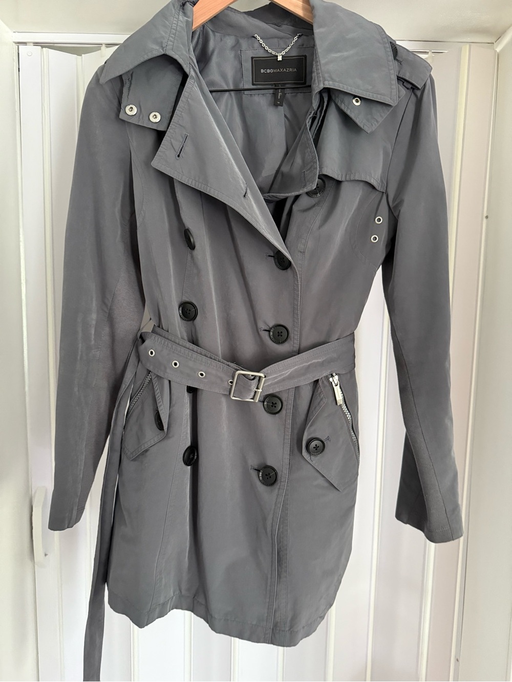 BCBGMAXAZARIA Gray, Trench Coat, size M